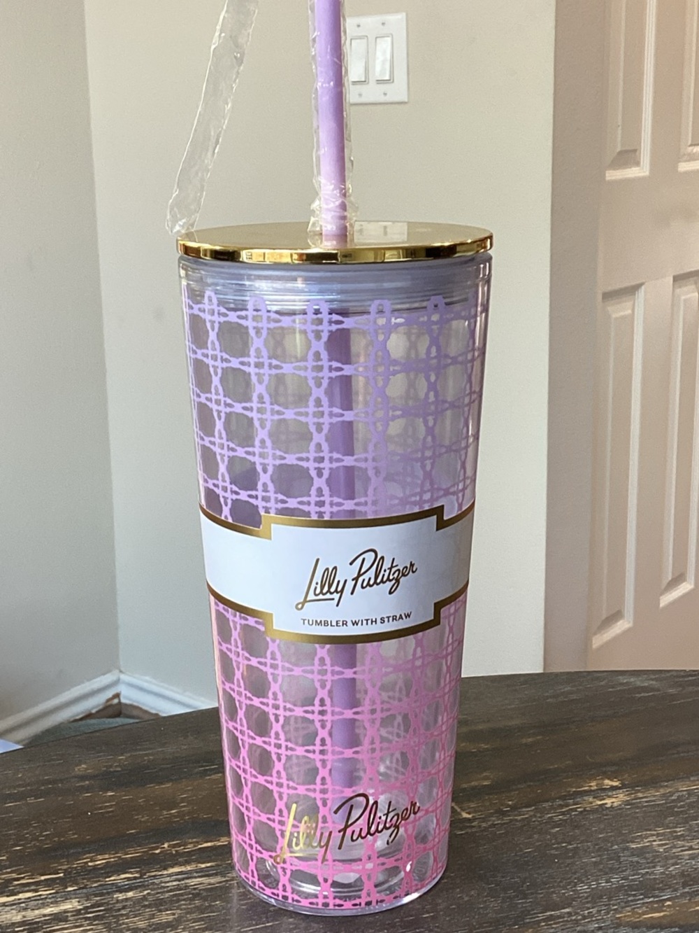 Lilly Pulitzer Pink & Lavender Lattice Double Walled Tumbler with Straw
